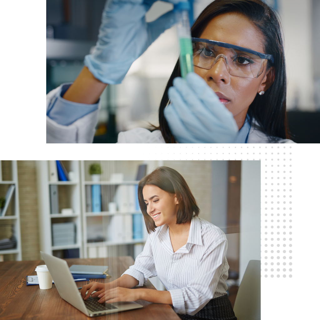 photograph of a scientist examining a test tube and a photograph of a person working on a laptop